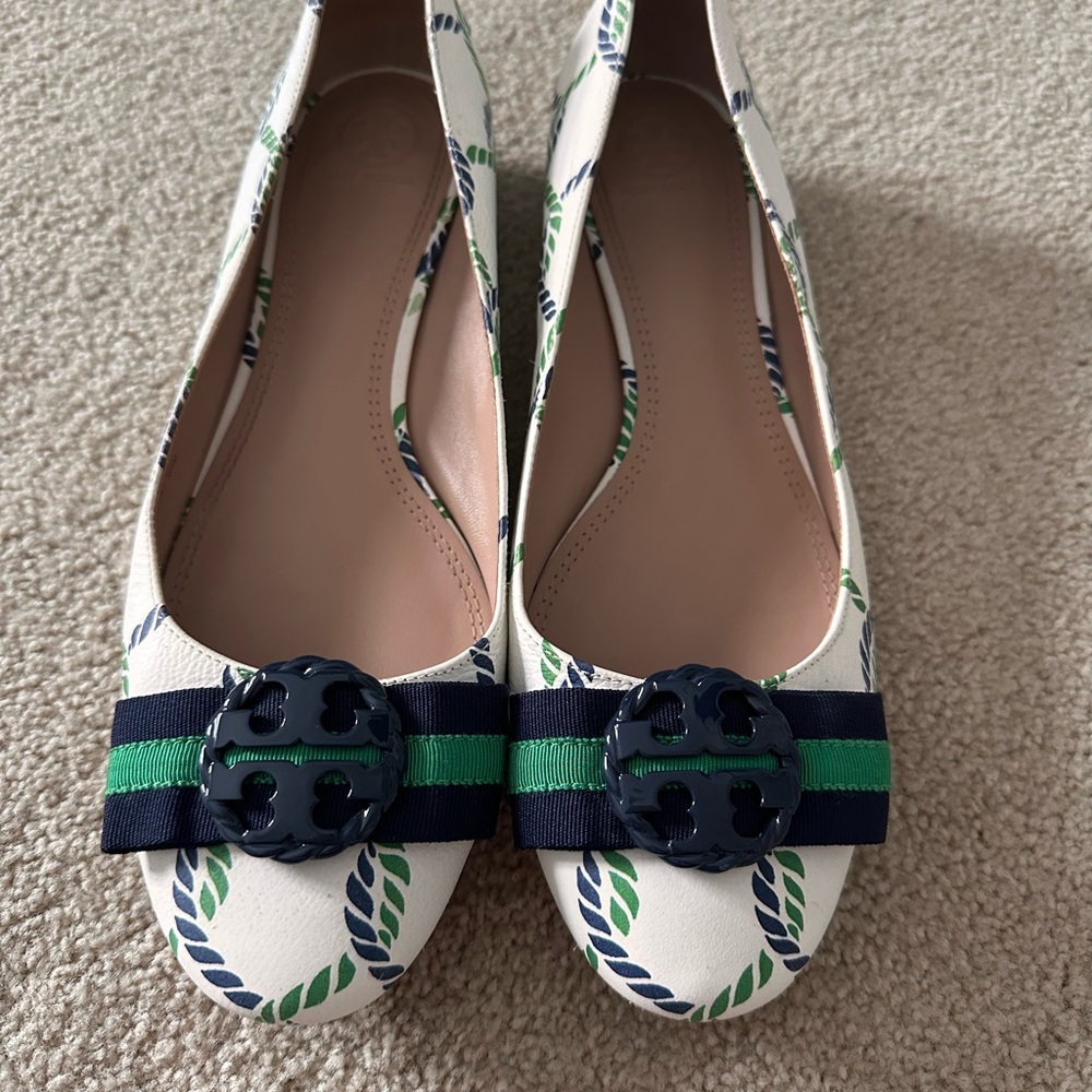 Tory Burch Blue and Green Flats with Nautical Bow